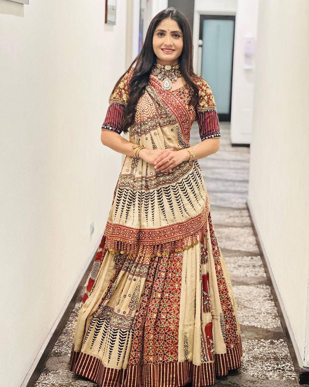 Printed Muslin Lehenga Choli with Real Mirror Work & Handcrafted Dupatta