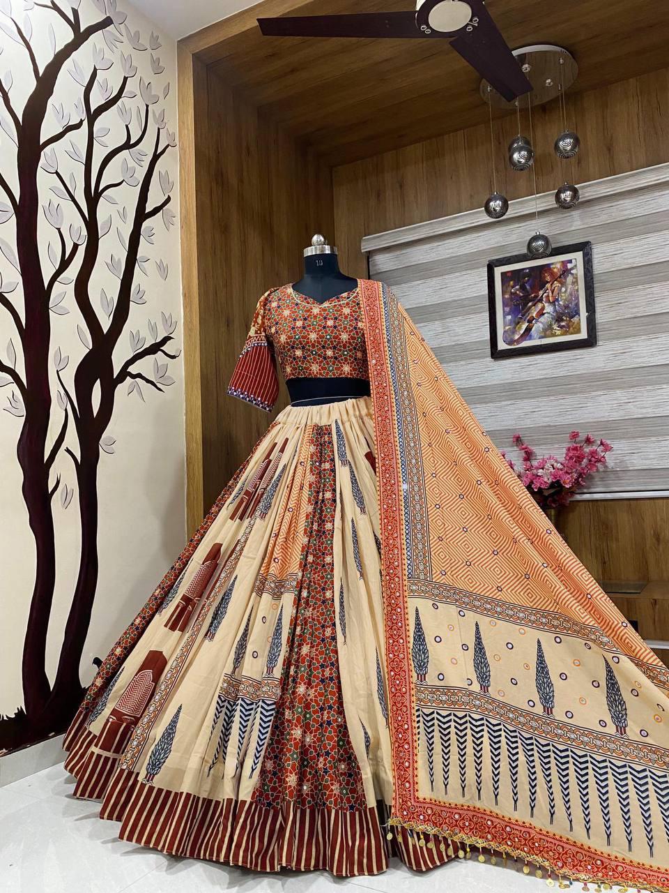 Printed Muslin Lehenga Choli with Real Mirror Work & Handcrafted Dupatta
