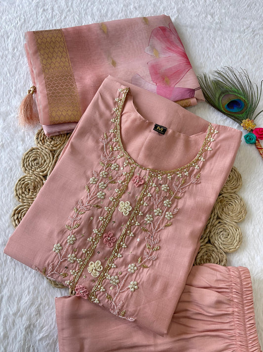 Designer Kurti Pant Dupatta Set – Peach Elegance in Roman Silk