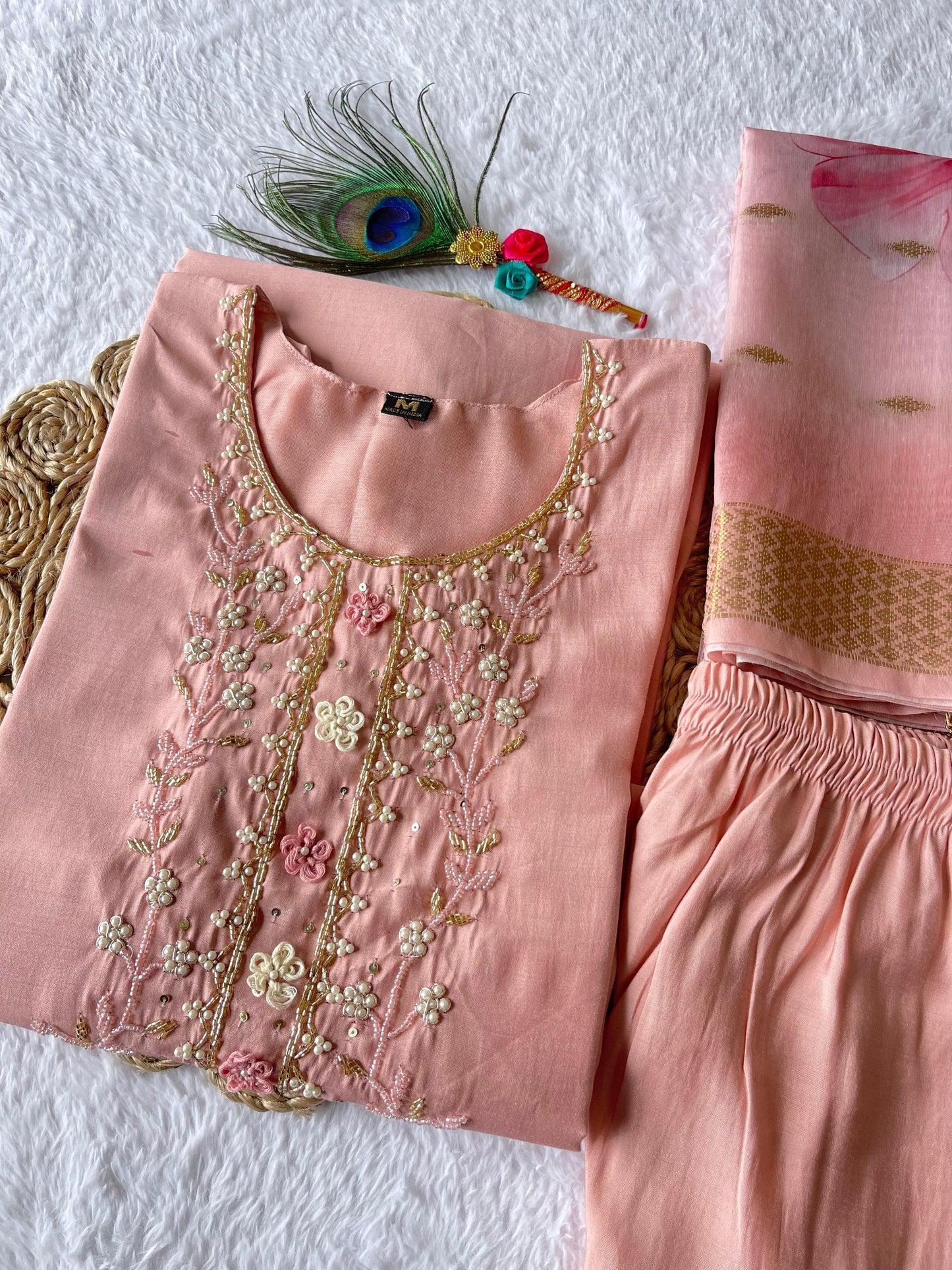 Designer Kurti Pant Dupatta Set – Peach Elegance in Roman Silk