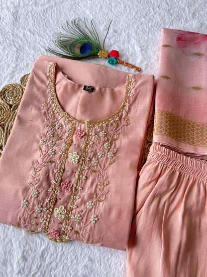 Designer Kurti Pant Dupatta Set – Peach Elegance in Roman Silk