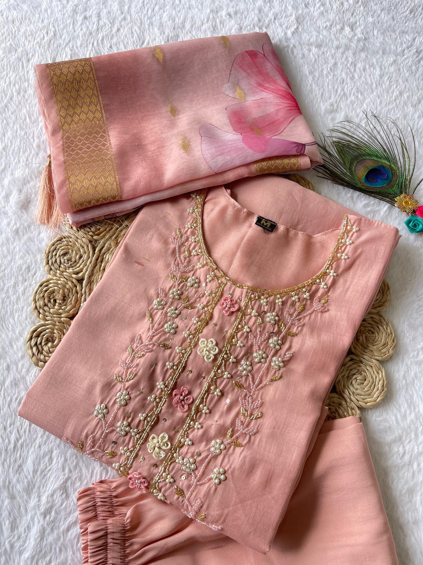 Designer Kurti Pant Dupatta Set – Peach Elegance in Roman Silk