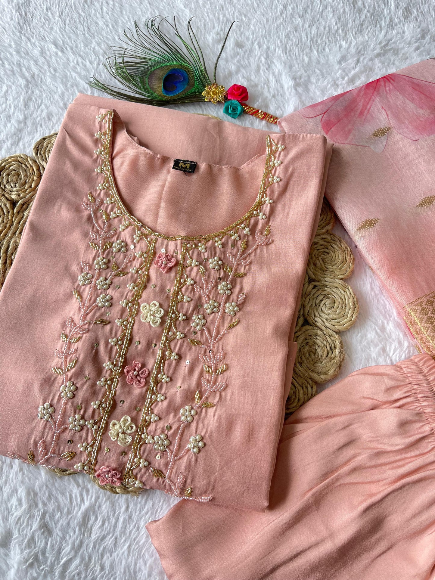 Designer Kurti Pant Dupatta Set – Peach Elegance in Roman Silk