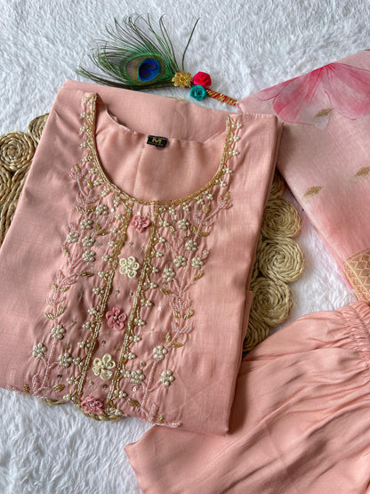 Designer Kurti Pant Dupatta Set – Peach Elegance in Roman Silk