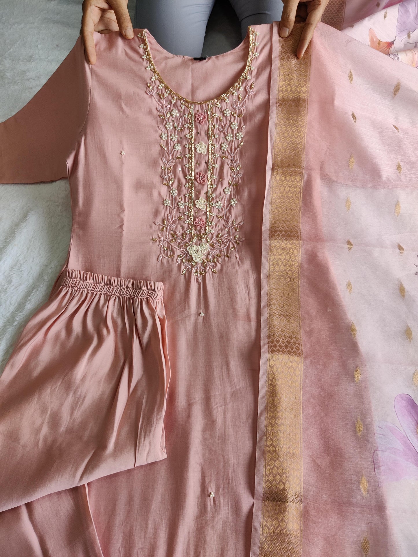 Designer Kurti Pant Dupatta Set – Peach Elegance in Roman Silk