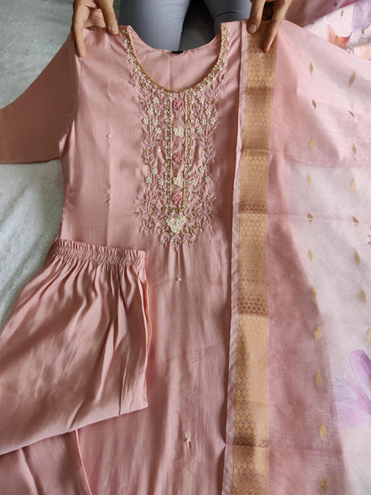 Designer Kurti Pant Dupatta Set – Peach Elegance in Roman Silk