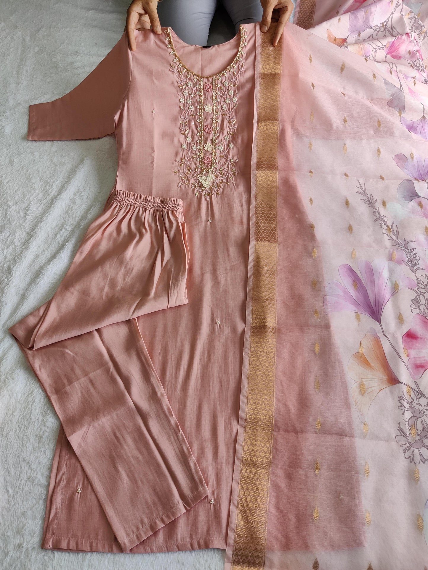Designer Kurti Pant Dupatta Set – Peach Elegance in Roman Silk