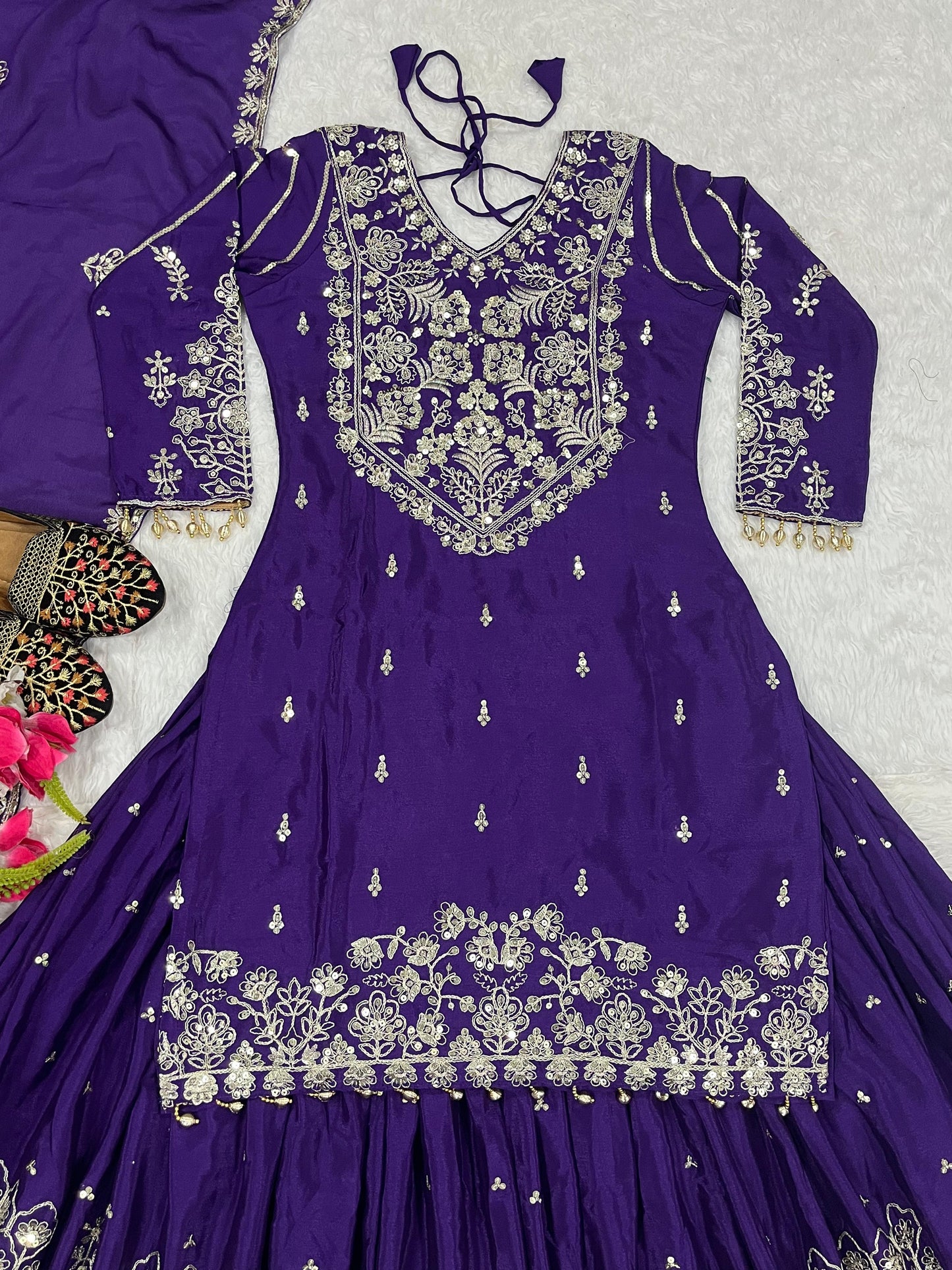 Chinnon Silk Embroidered Lehenga Set – Fully Stitched