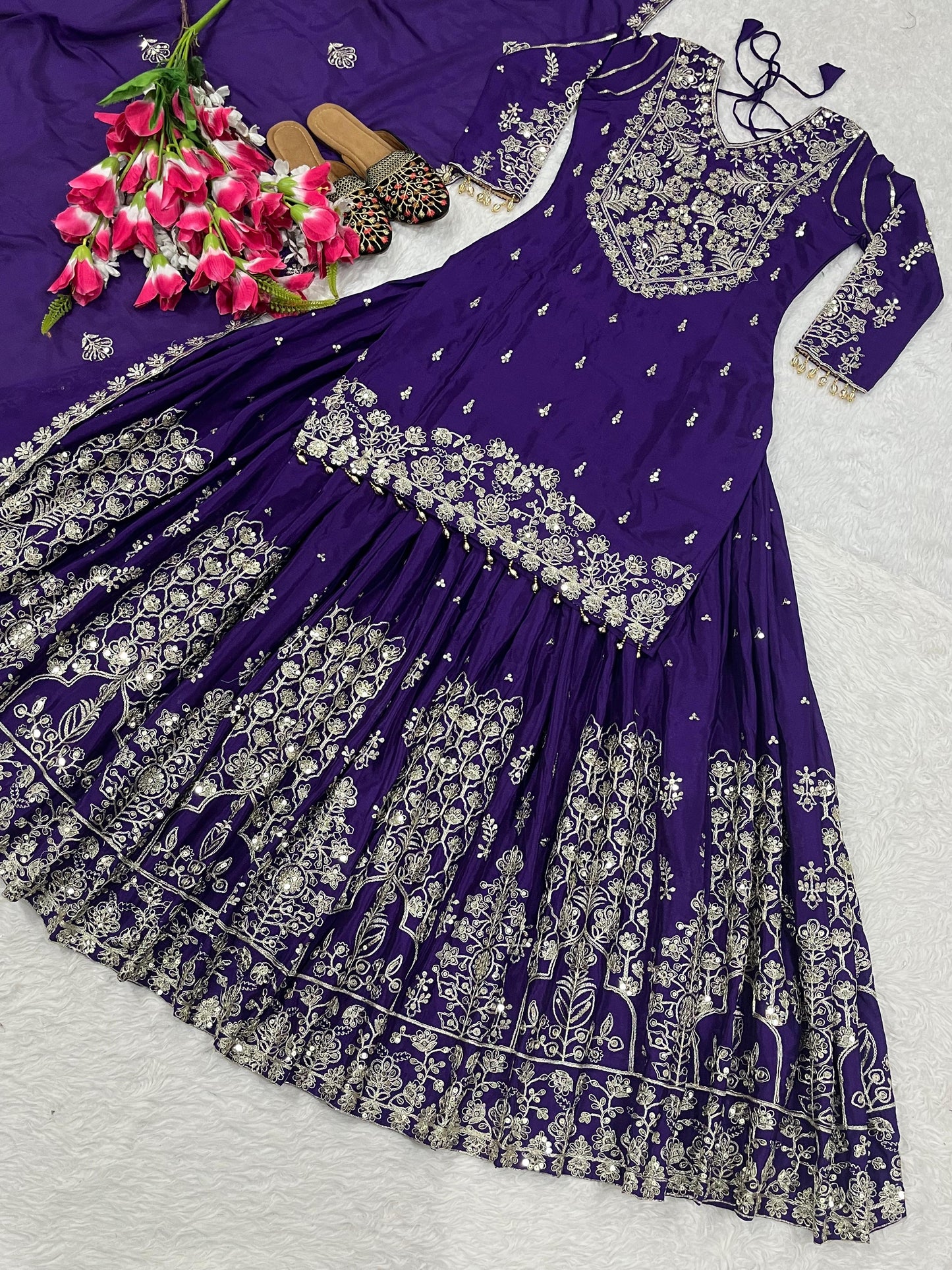 Chinnon Silk Embroidered Lehenga Set – Fully Stitched