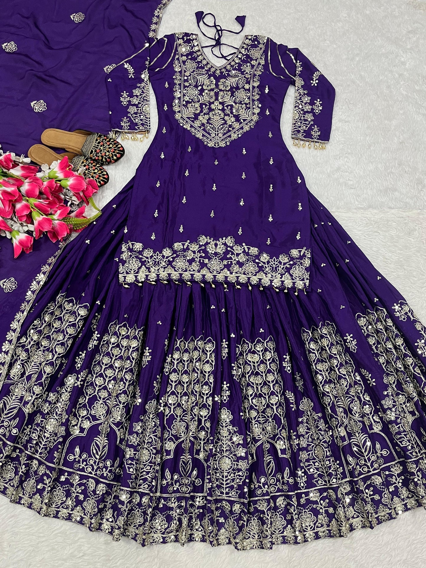 Chinnon Silk Embroidered Lehenga Set – Fully Stitched