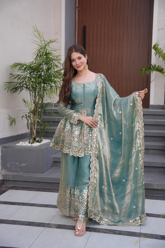 GlamAura Designer Sharara Gown Set – Embroidered Mirror Work Edition