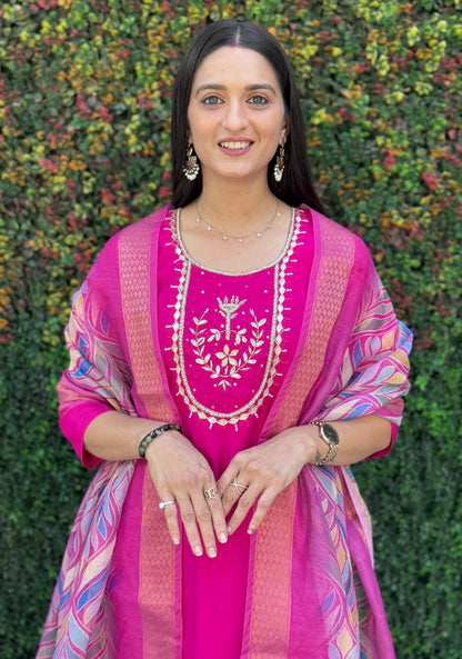 Blush Charm Designer Kurti Set – Roman Silk with Chanderi Dupatta