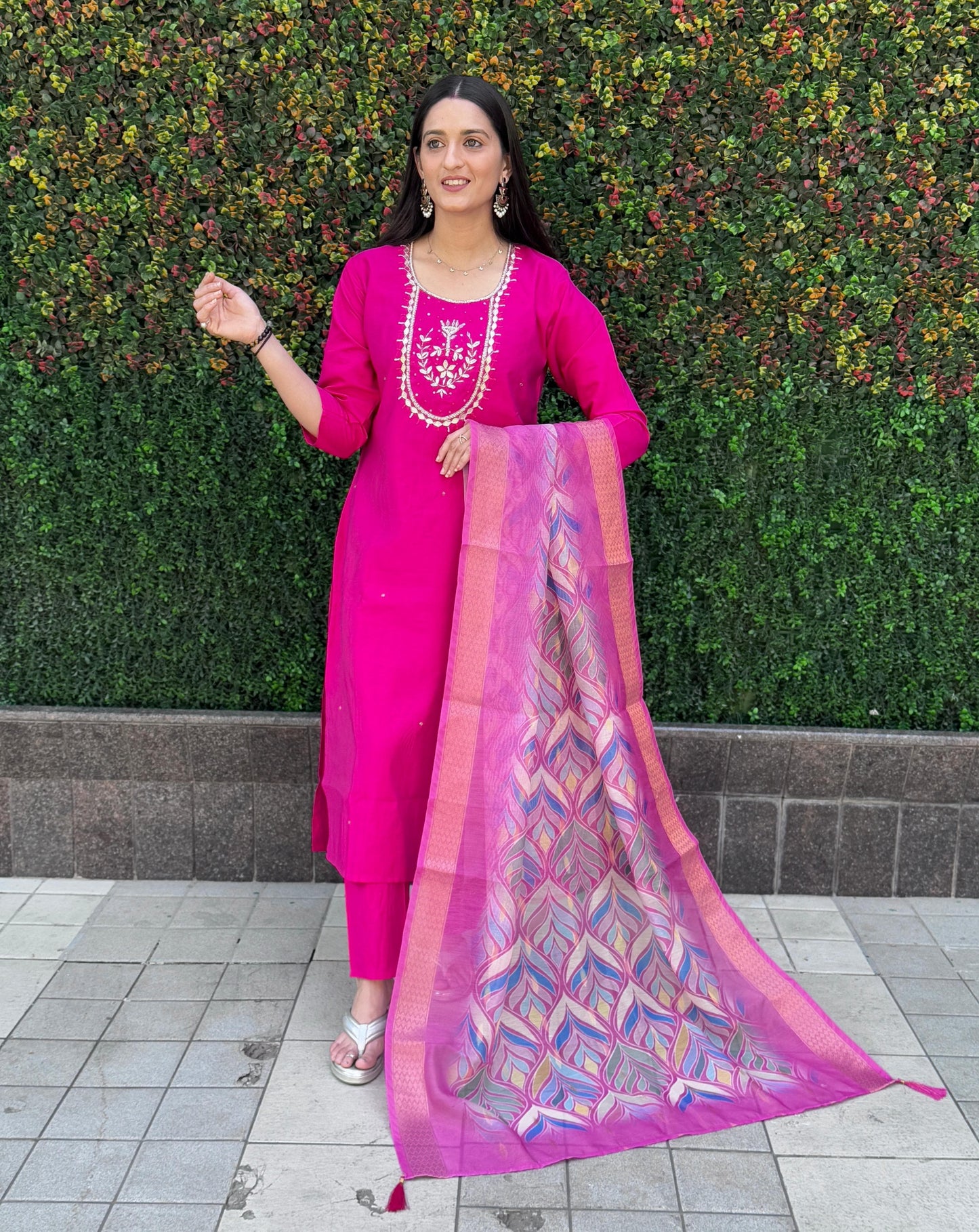 Blush Charm Designer Kurti Set – Roman Silk with Chanderi Dupatta