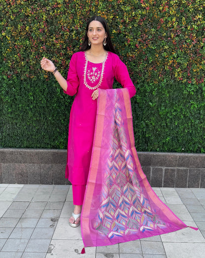 Blush Charm Designer Kurti Set – Roman Silk with Chanderi Dupatta