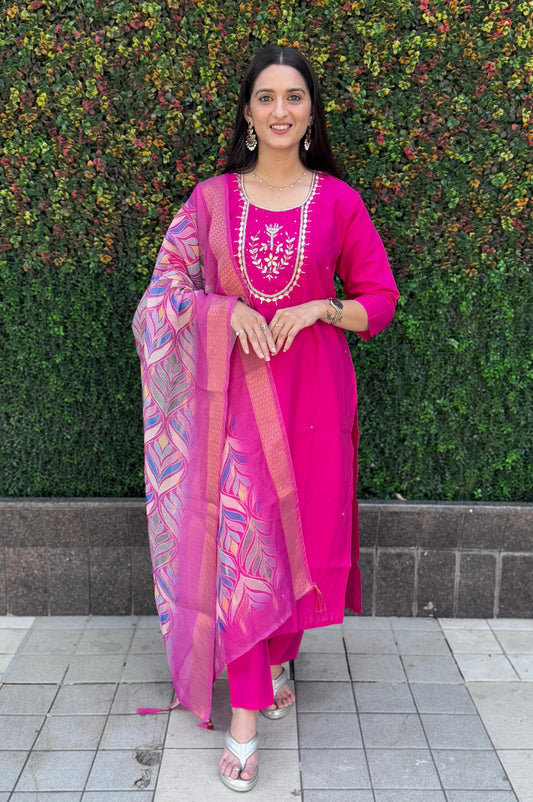 Blush Charm Designer Kurti Set – Roman Silk with Chanderi Dupatta