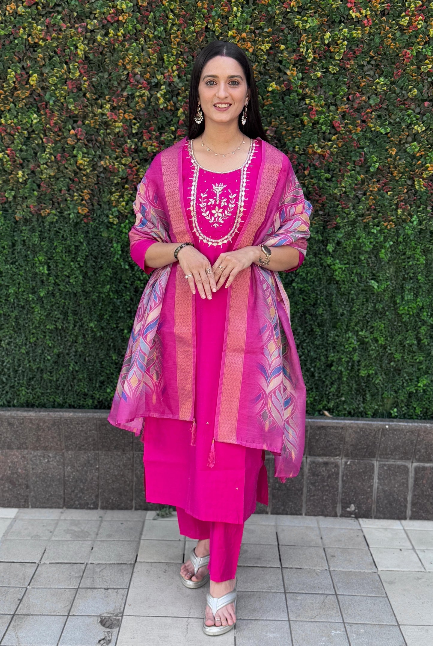 Blush Charm Designer Kurti Set – Roman Silk with Chanderi Dupatta