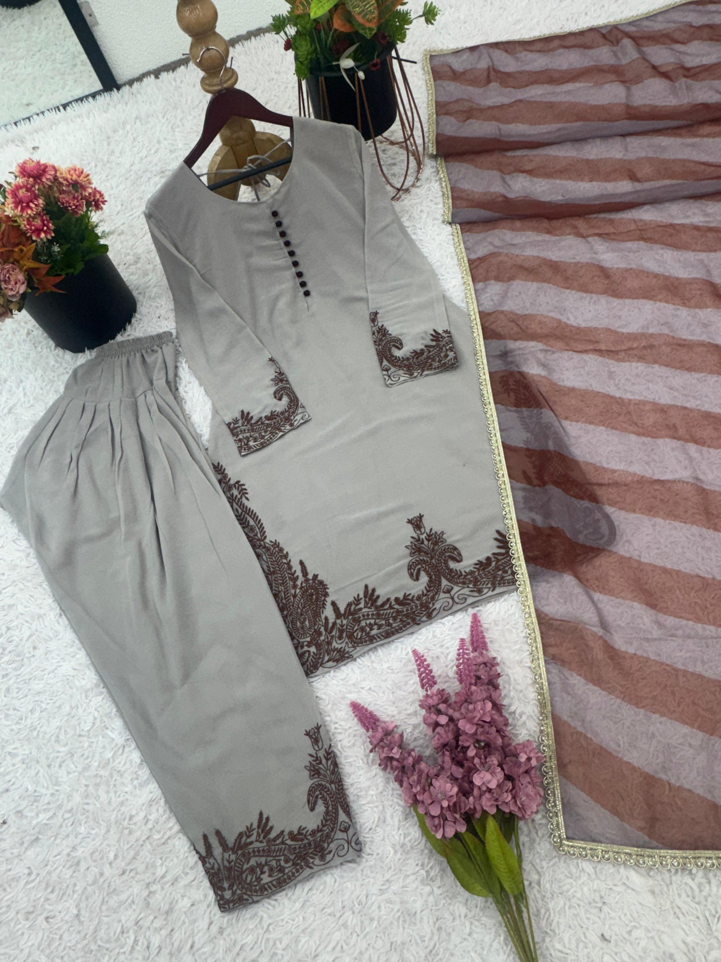 Divine Bloom Fox Georgette Suit Set – Embroidered Elegance (Ready to Wear)