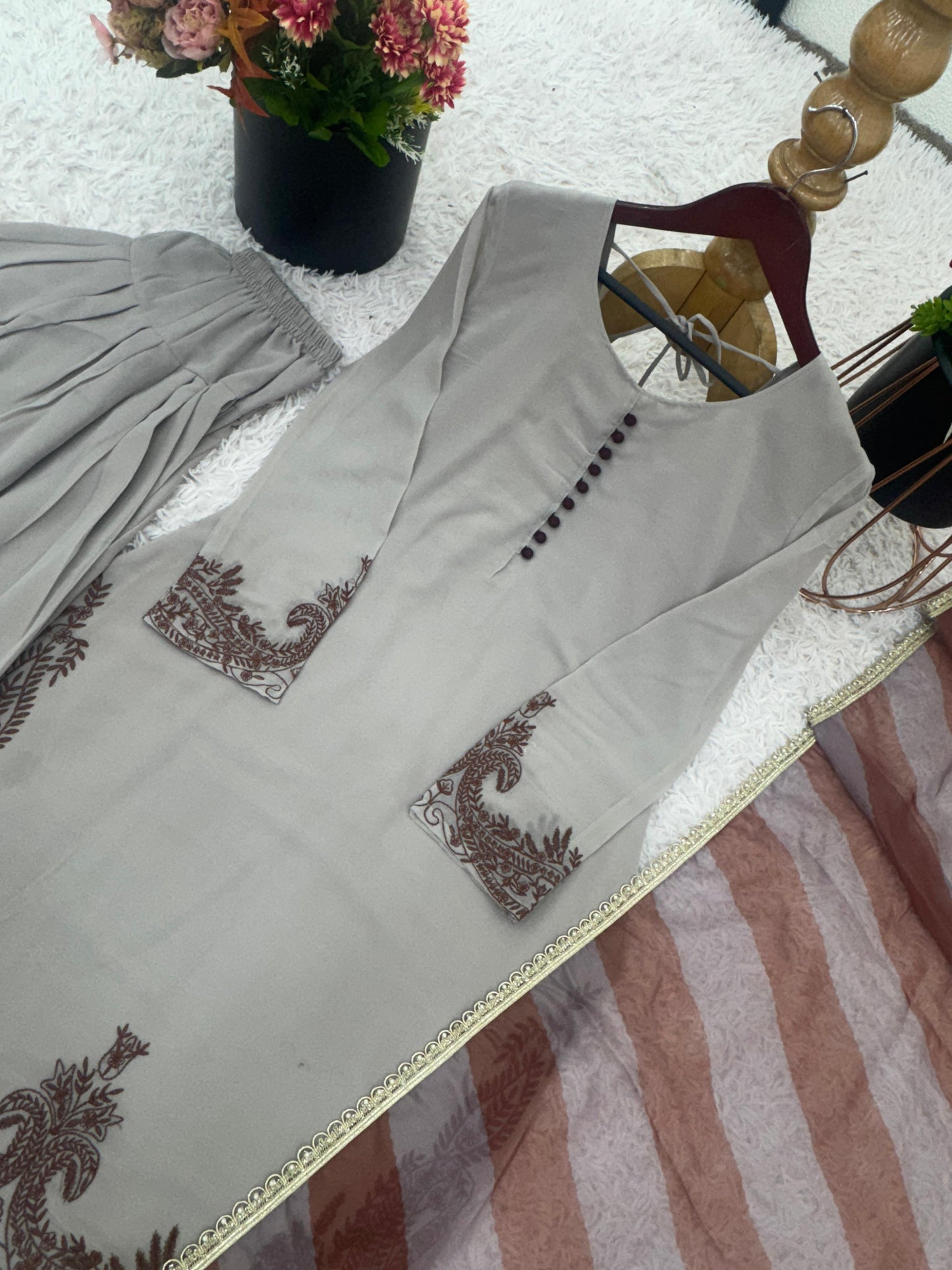 Divine Bloom Fox Georgette Suit Set – Embroidered Elegance (Ready to Wear)