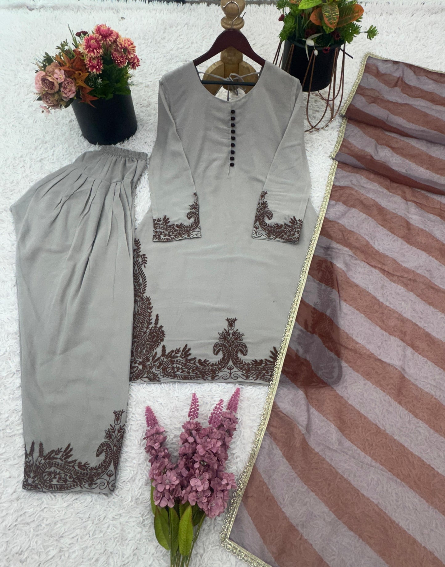 Divine Bloom Fox Georgette Suit Set – Embroidered Elegance (Ready to Wear)