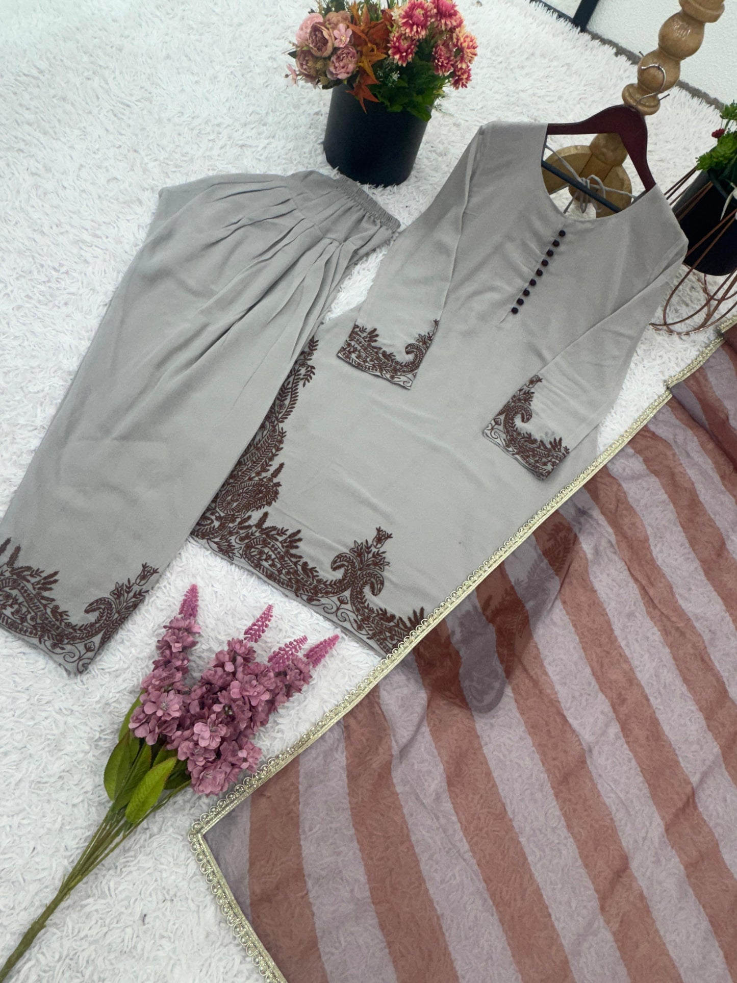 Divine Bloom Fox Georgette Suit Set – Embroidered Elegance (Ready to Wear)