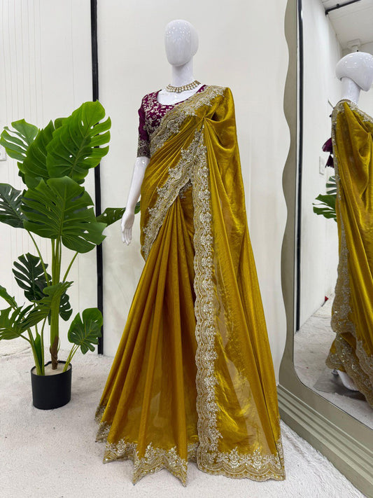 Starlit Elegance Fendy Silk Saree – Thread & Sequin Work