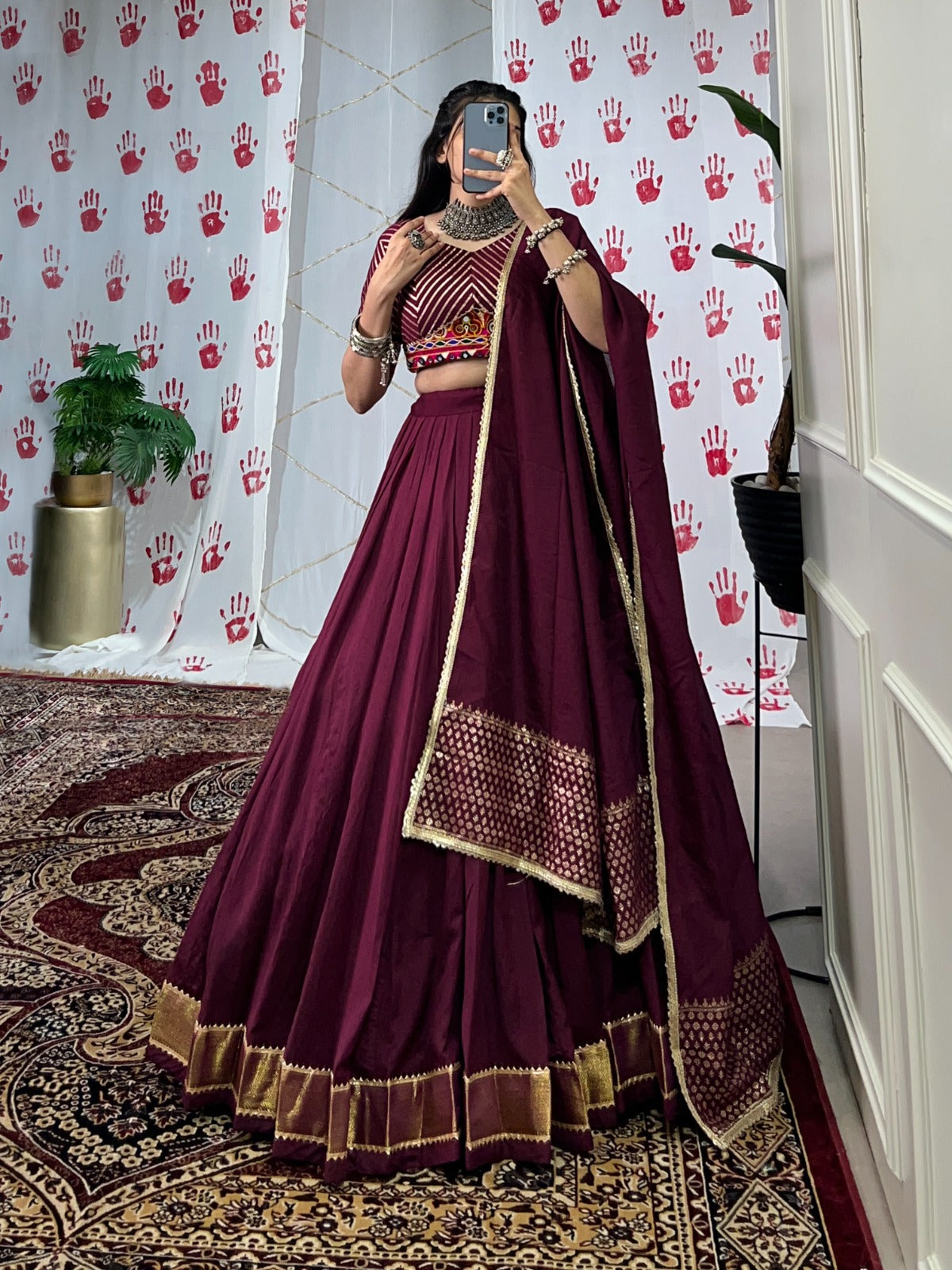 Designer Stitched Lehenga in Pure Chanderi with Gotta Patti & Mirror Detailing