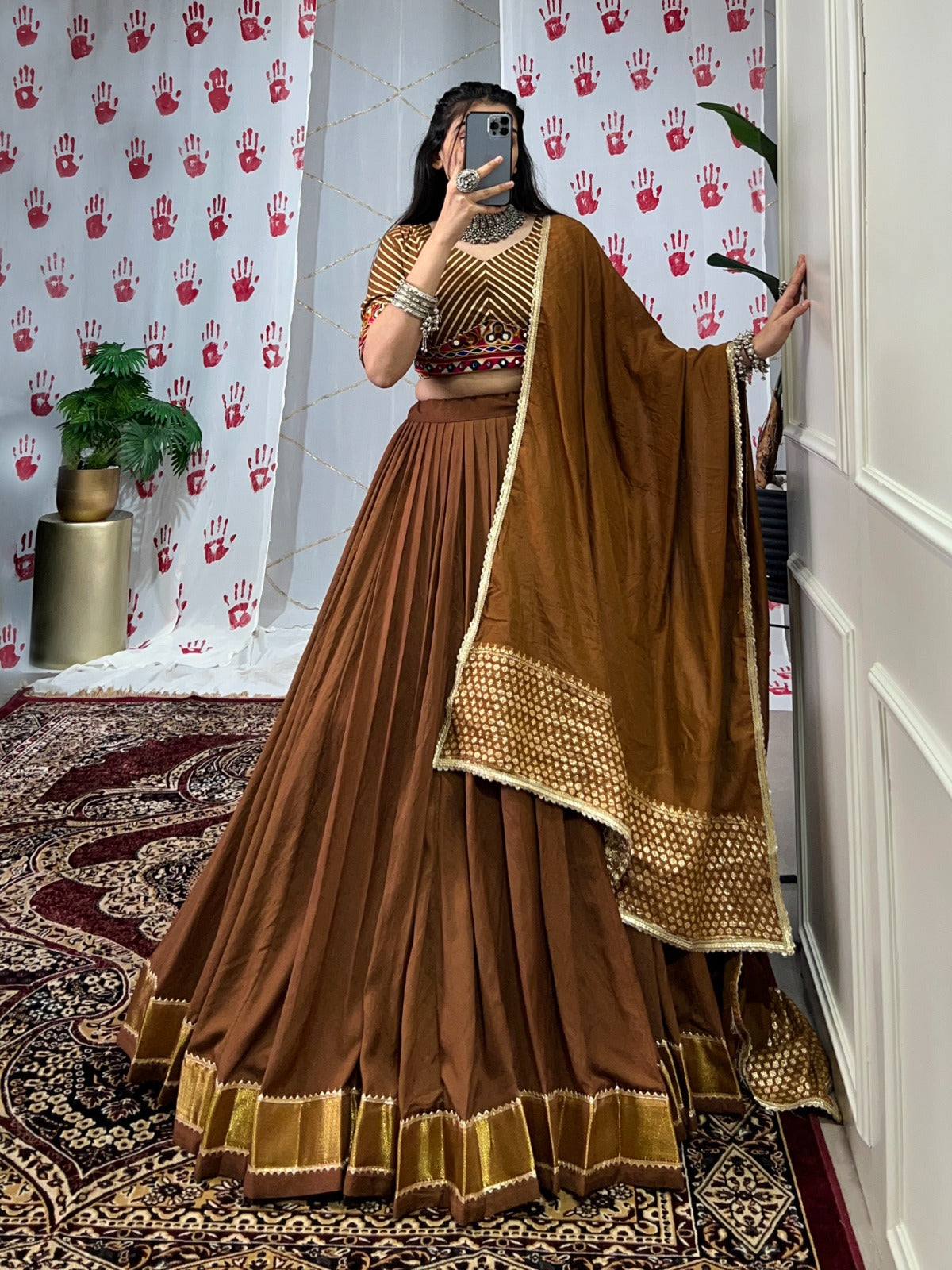 Elegant Pure Chanderi Lehenga Set with Zari Weaving & Mirror Work – Stitched