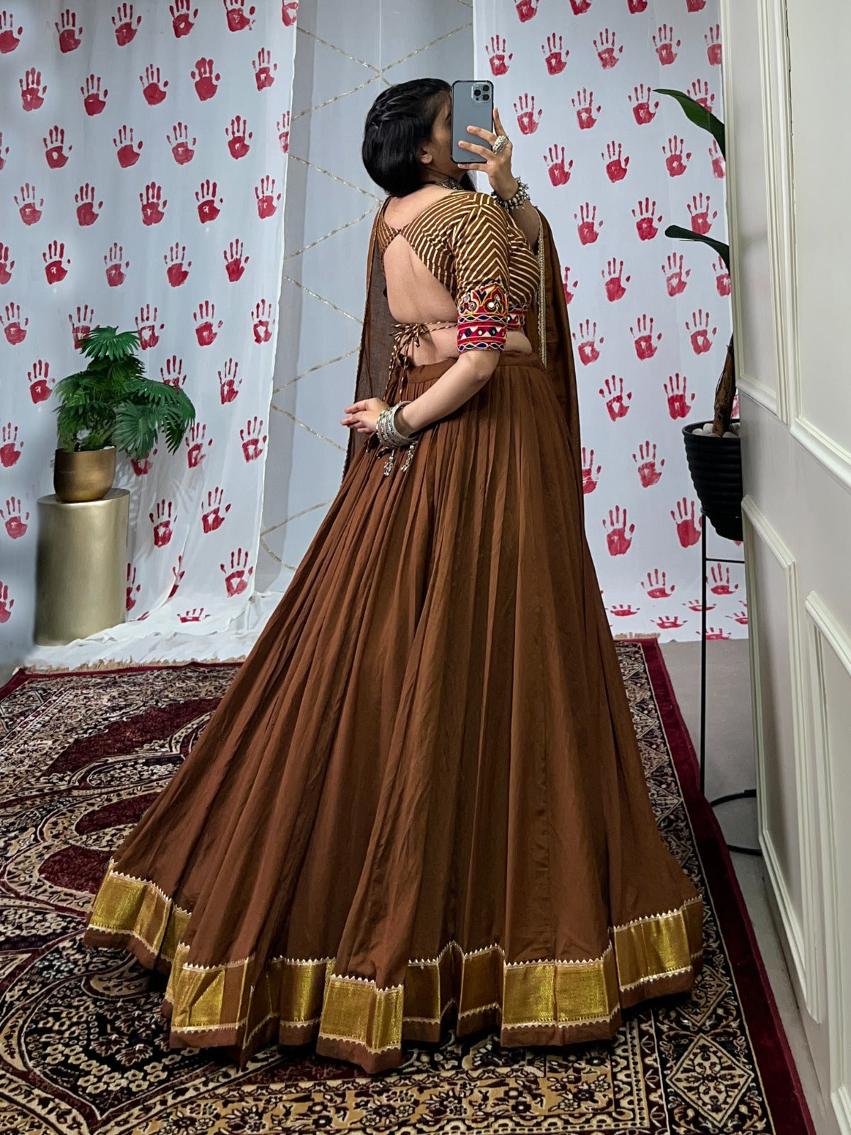 Elegant Pure Chanderi Lehenga Set with Zari Weaving & Mirror Work – Stitched