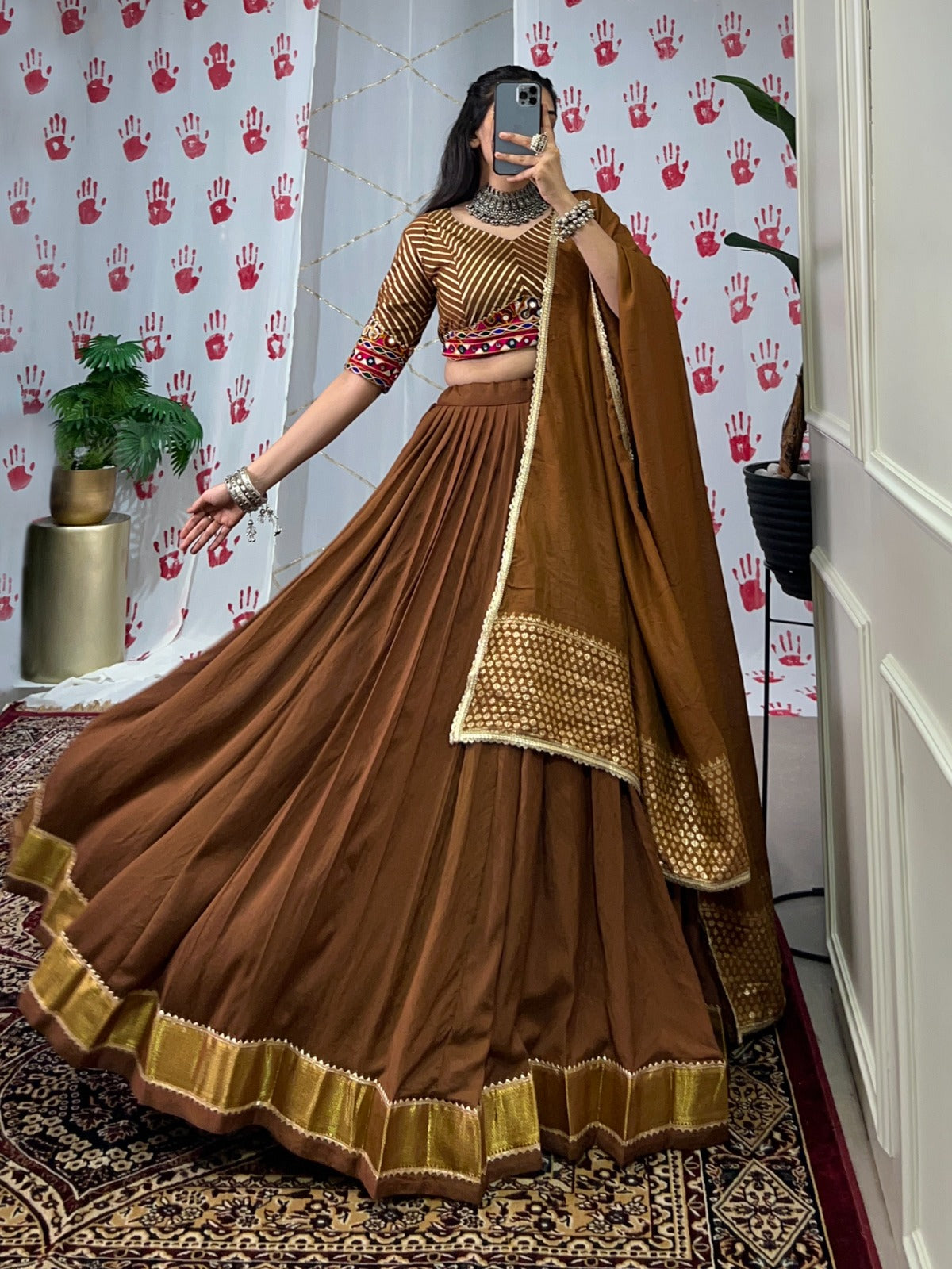 Elegant Pure Chanderi Lehenga Set with Zari Weaving & Mirror Work – Stitched