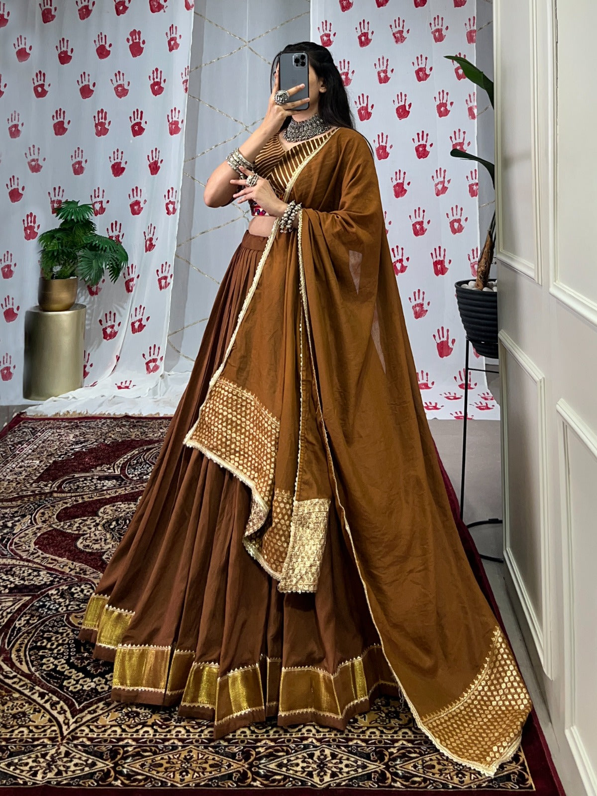 Elegant Pure Chanderi Lehenga Set with Zari Weaving & Mirror Work – Stitched