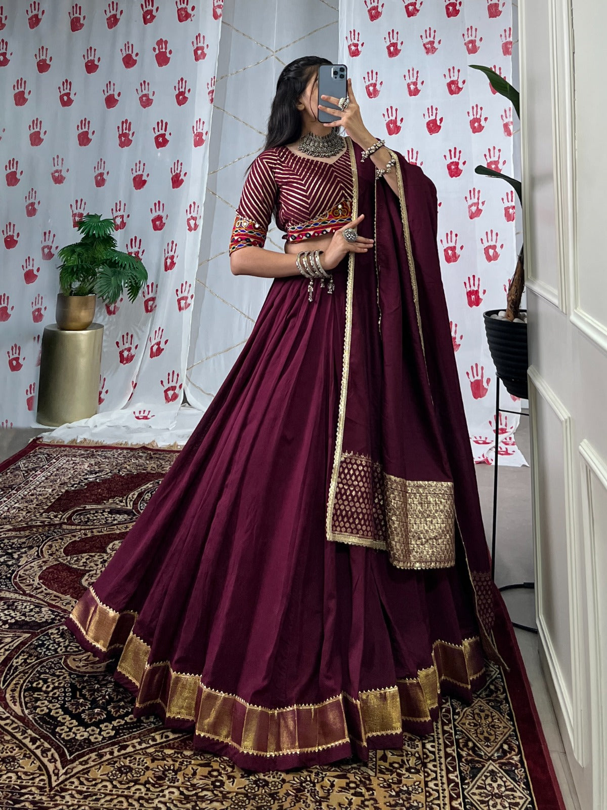 Designer Stitched Lehenga in Pure Chanderi with Gotta Patti & Mirror Detailing