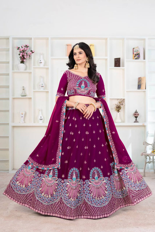 Embroidered Faux Georgette Lehenga Set with Net Dupatta