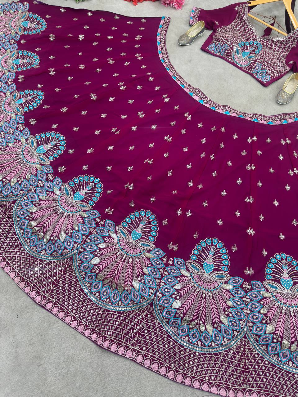 Embroidered Faux Georgette Lehenga Set with Net Dupatta