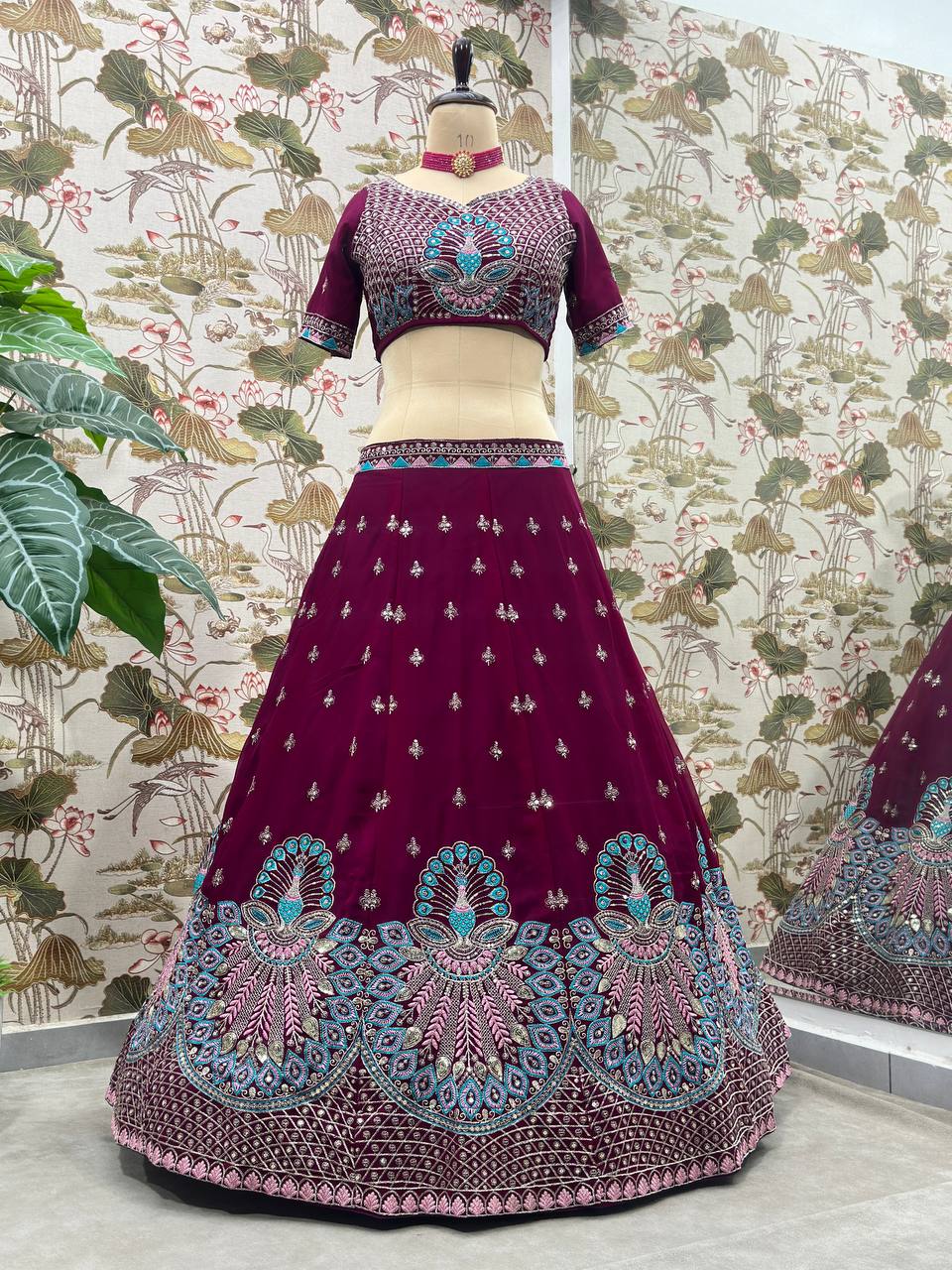 Embroidered Faux Georgette Lehenga Set with Net Dupatta