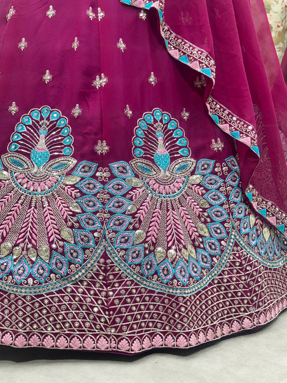 Embroidered Faux Georgette Lehenga Set with Net Dupatta