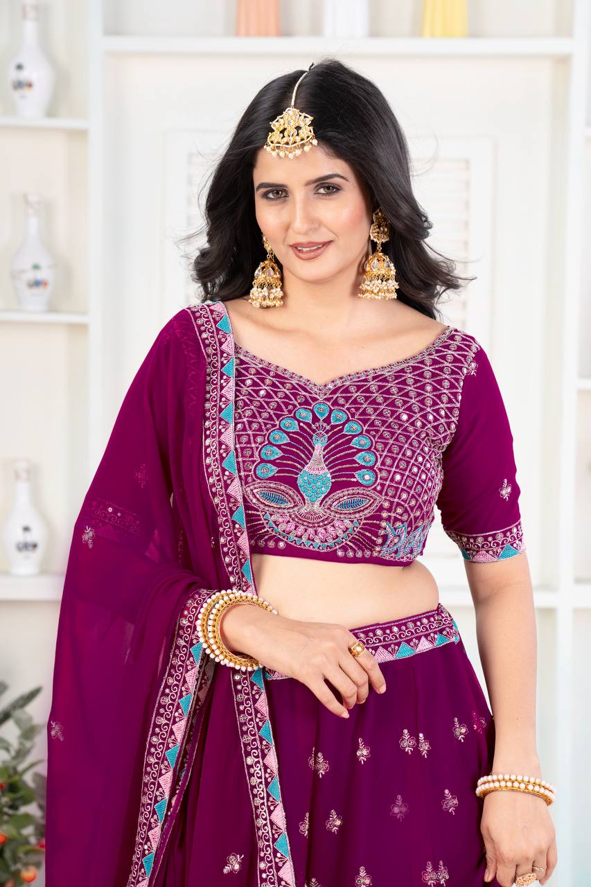 Embroidered Faux Georgette Lehenga Set with Net Dupatta