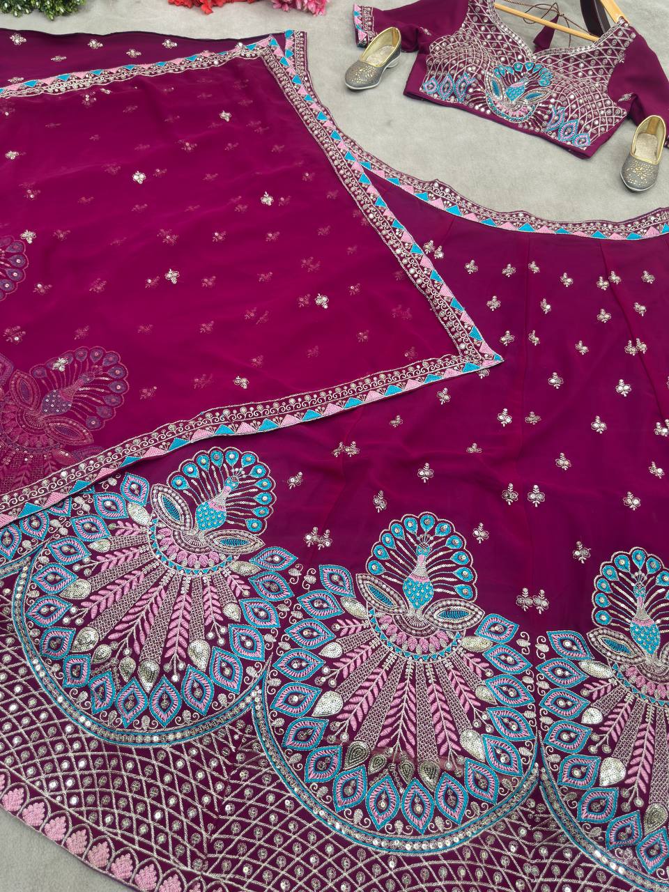 Embroidered Faux Georgette Lehenga Set with Net Dupatta