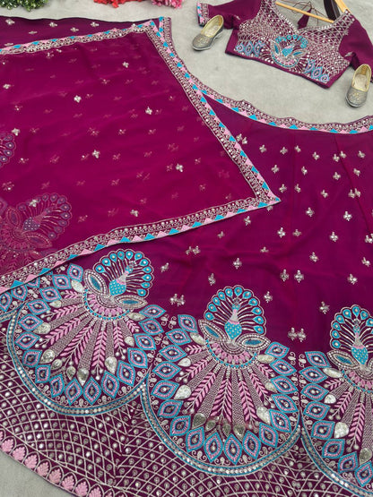 Embroidered Faux Georgette Lehenga Set with Net Dupatta