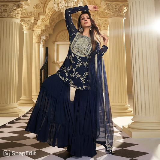 Designer Party Wear Faux Georgette Sharara Set with Dupatta