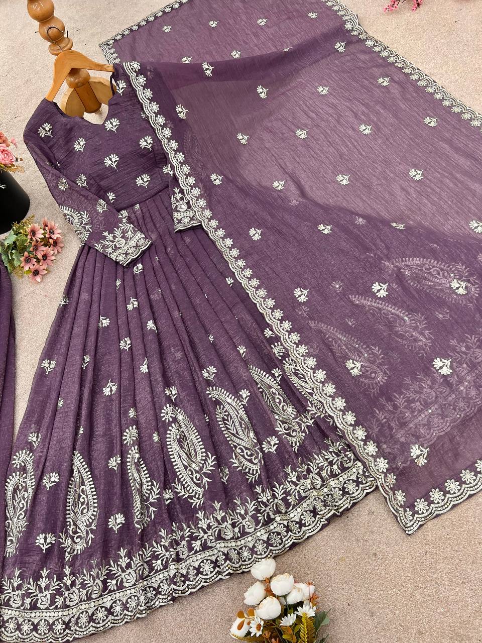 Crunchy Silk Embroidered Gown & Dupatta Set