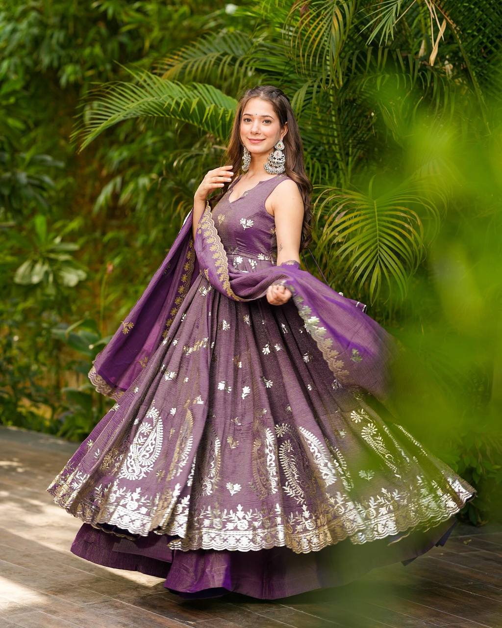 Crunchy Silk Embroidered Gown & Dupatta Set