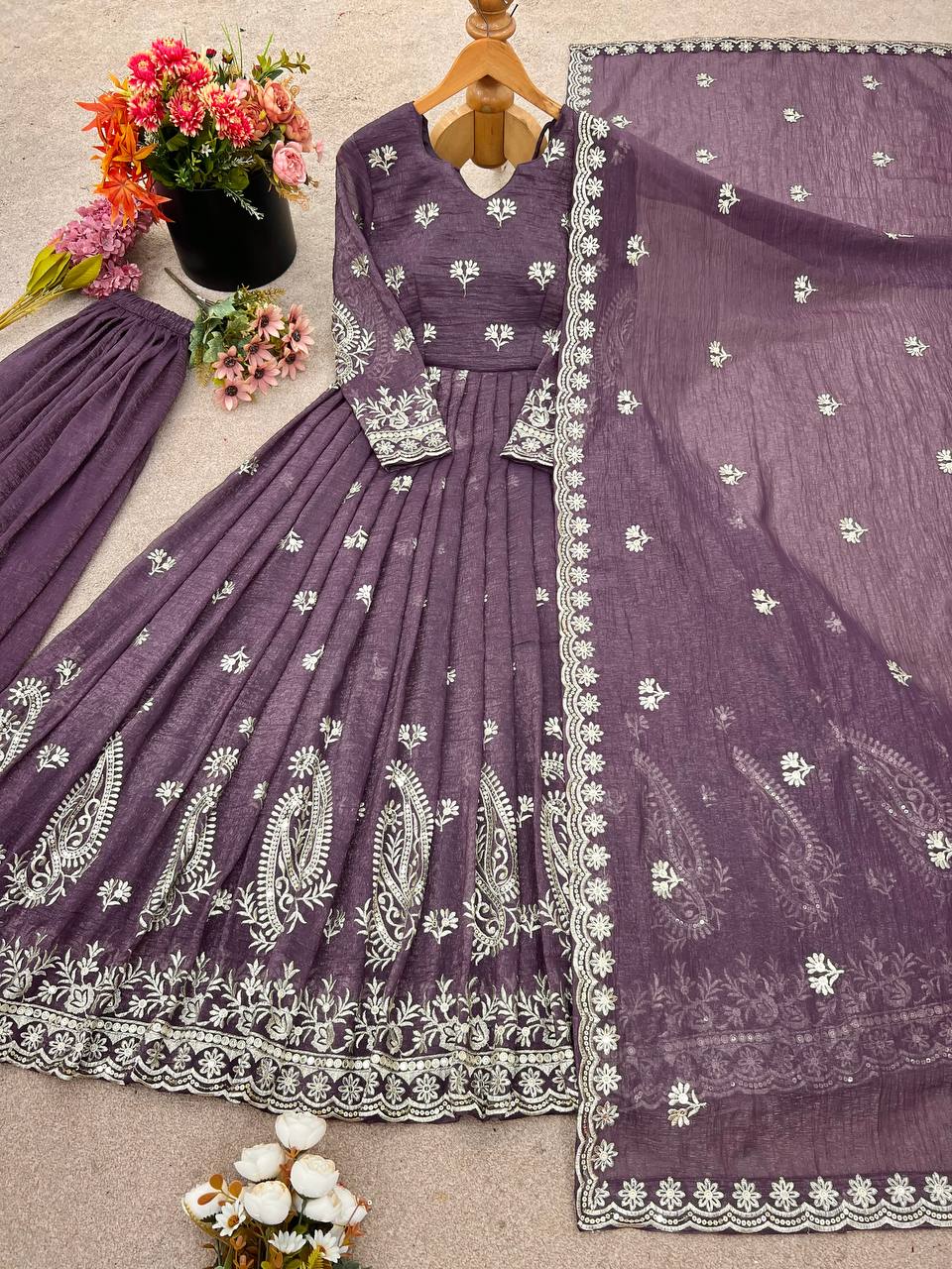 Crunchy Silk Embroidered Gown & Dupatta Set