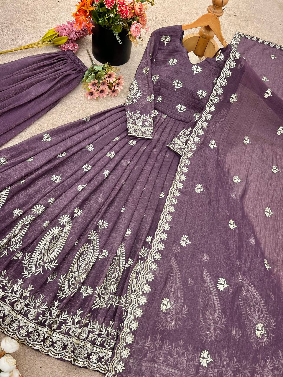 Crunchy Silk Embroidered Gown & Dupatta Set