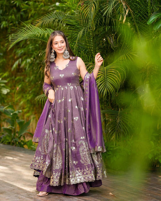 Crunchy Silk Embroidered Gown & Dupatta Set