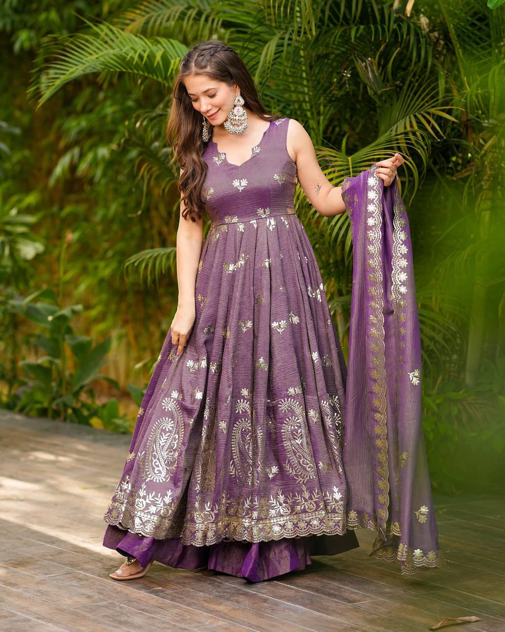 Crunchy Silk Embroidered Gown & Dupatta Set