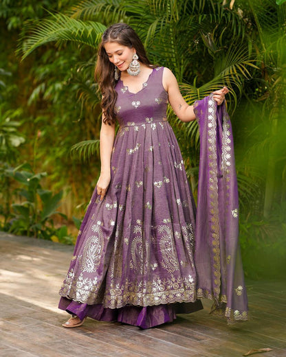 Crunchy Silk Embroidered Gown & Dupatta Set