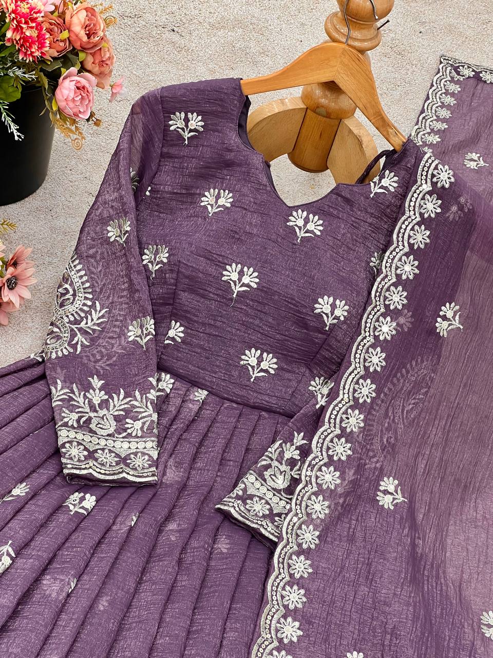 Crunchy Silk Embroidered Gown & Dupatta Set