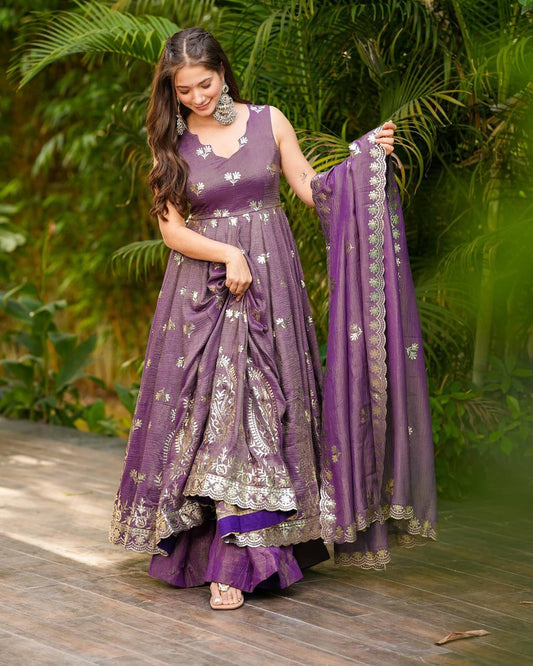 Crunchy Silk Embroidered Gown & Dupatta Set