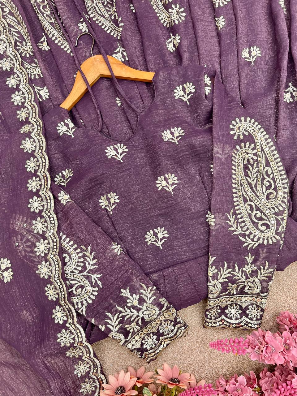 Crunchy Silk Embroidered Gown & Dupatta Set