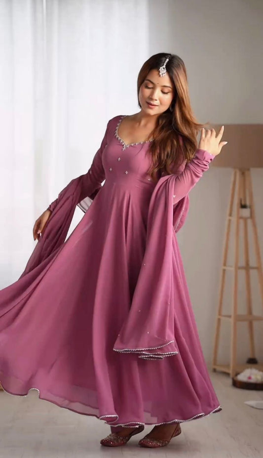 New Designer Faux Georgette Embroidered Gown with Pant & Dupatta Set